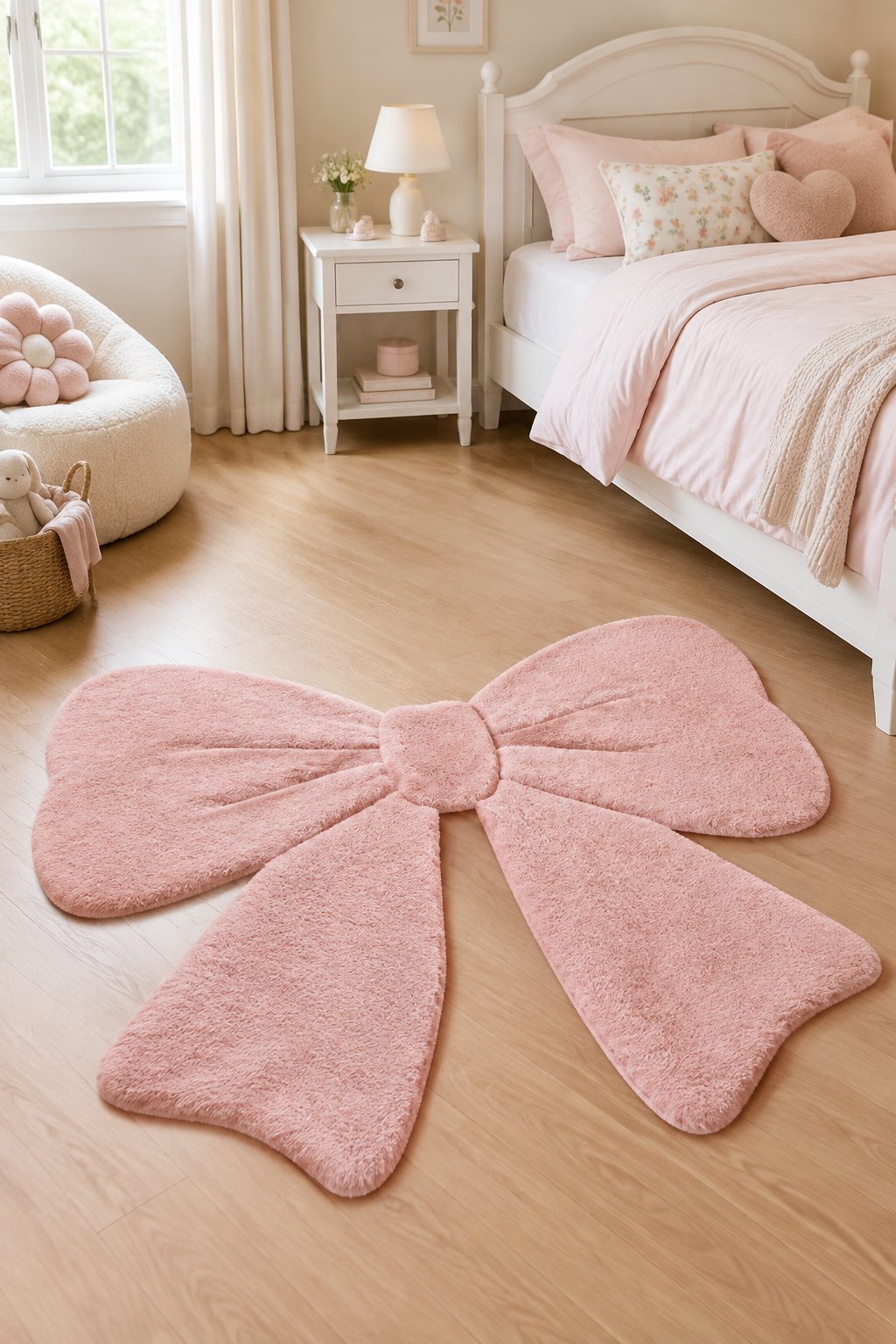 A pink bow-shaped rug on the floor of a girl’s bedroom.