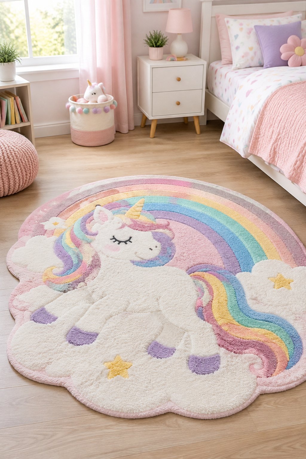 A unicorn rainbow rug lies on the floor in a girl’s bedroom.