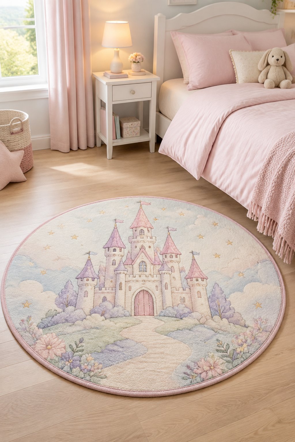 A round castle rug sits beside a bed in a child’s bedroom.