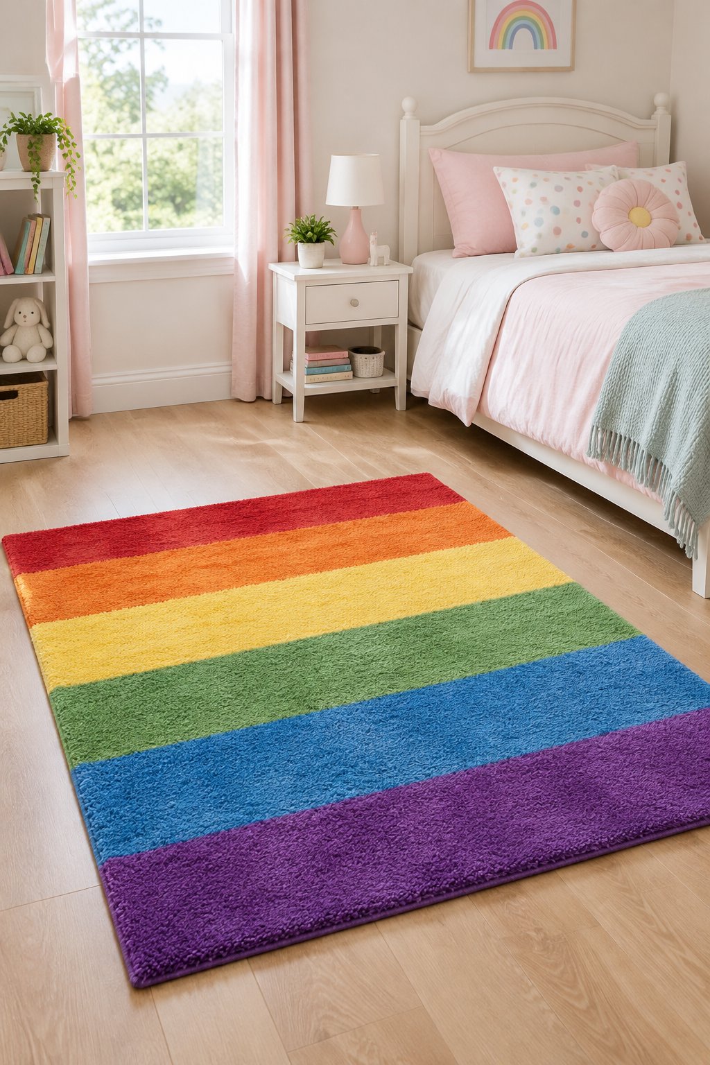 A rainbow-striped rug on the floor of a girl's bedroom.