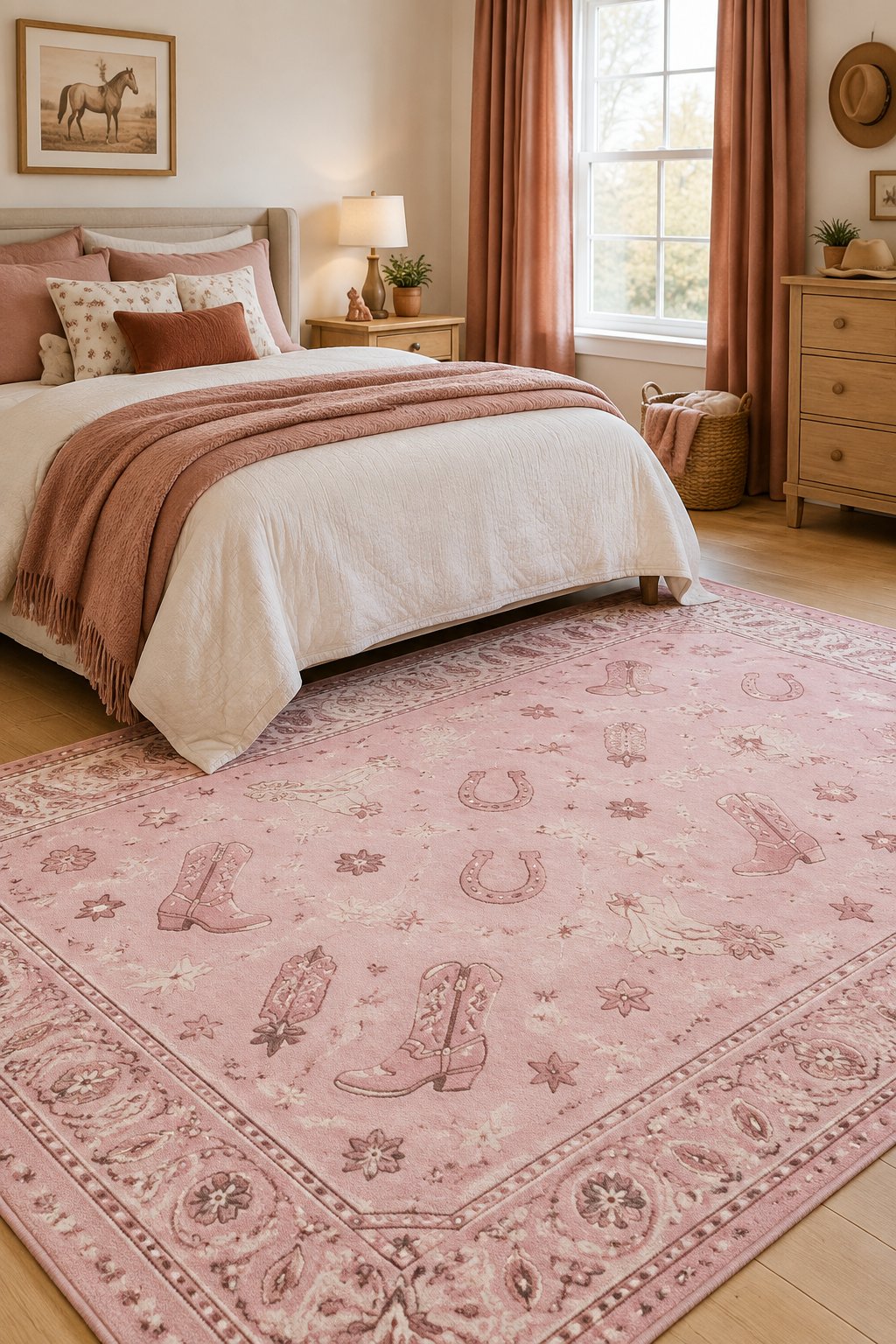 A pink Western-patterned rug lies on the floor of a girls’ bedroom.