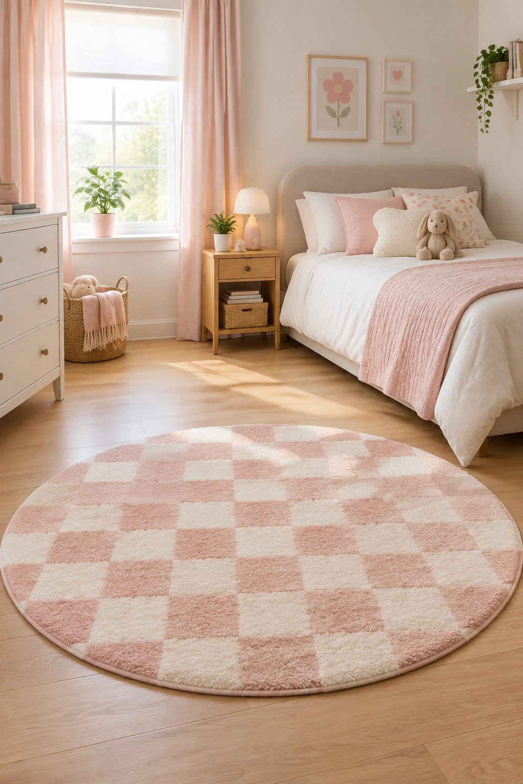 A circular checkerboard rug sits in the center of a girl’s bedroom.