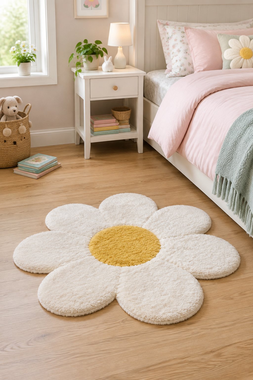A white-and-yellow daisy-shaped rug on the floor beside a bed in a girl’s bedroom.