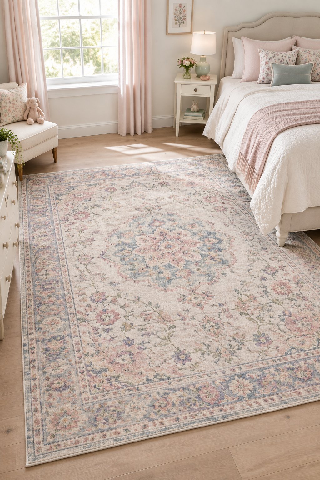 A pastel floral rug lies beside a bed in a girl's bedroom.