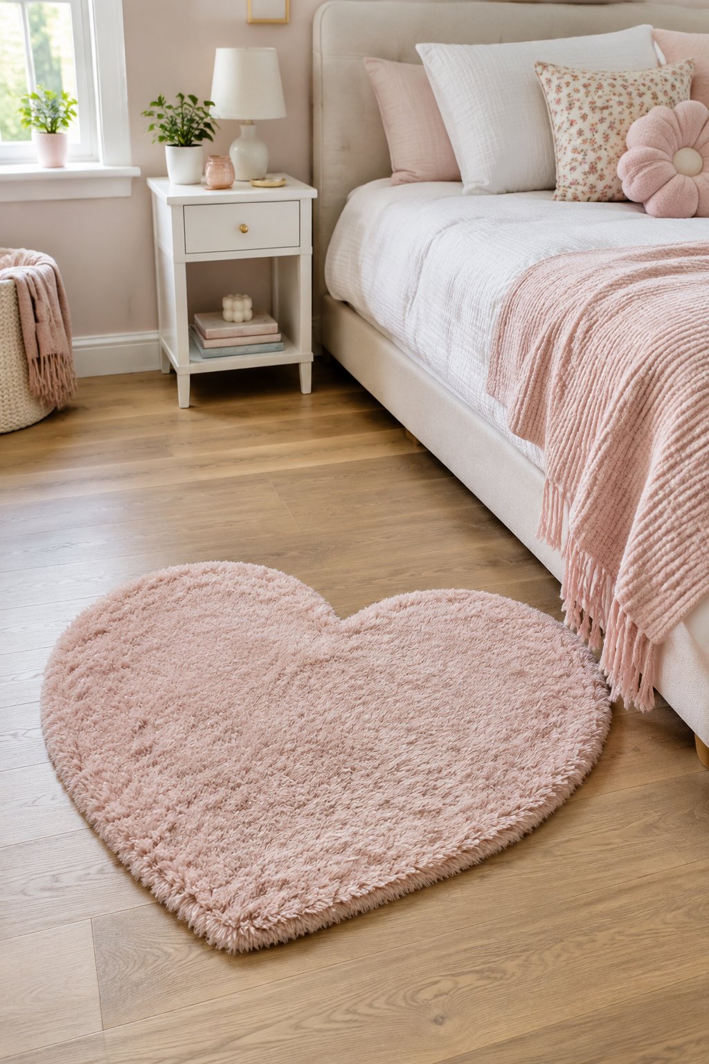 A pink heart-shaped rug lies beside a bed in a girl's bedroom.