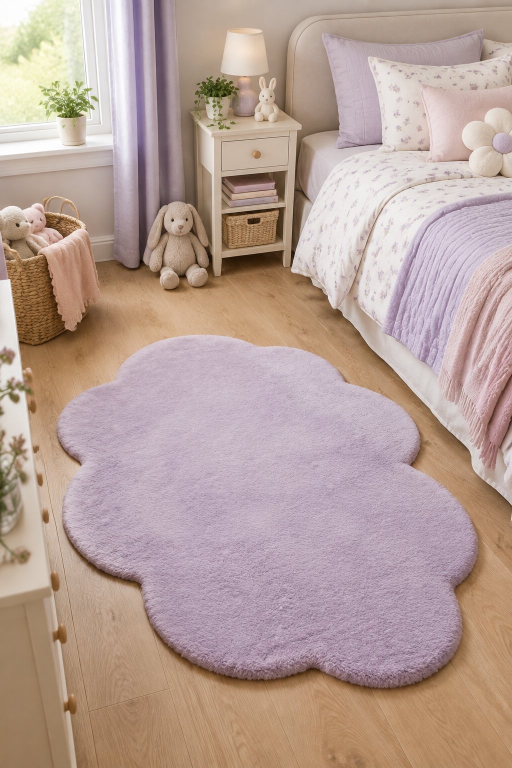 A lavender cloud-shaped rug on the floor of a girl's bedroom.
