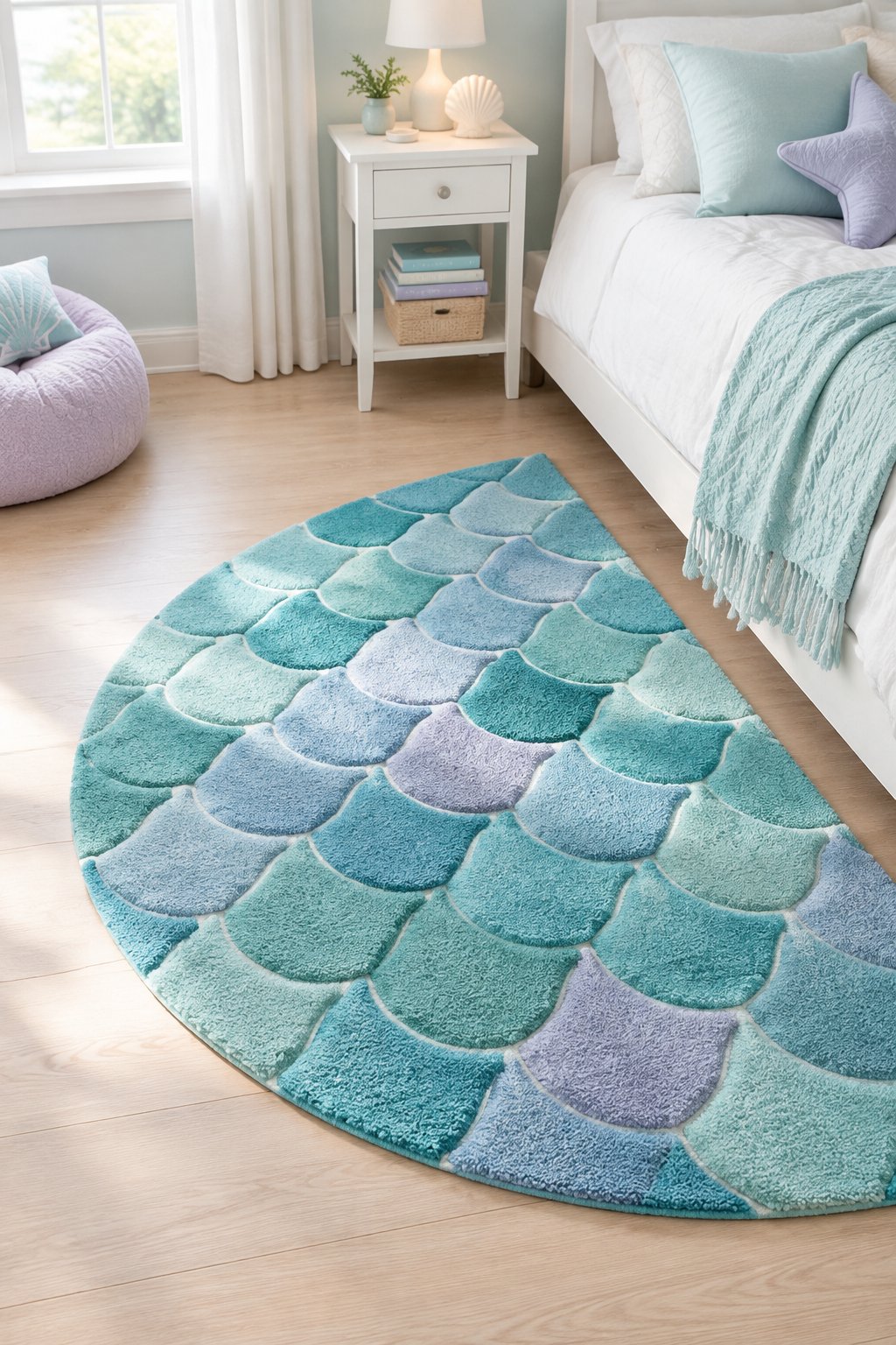 A colorful scallop-patterned rug lies beside a bed in a bedroom.