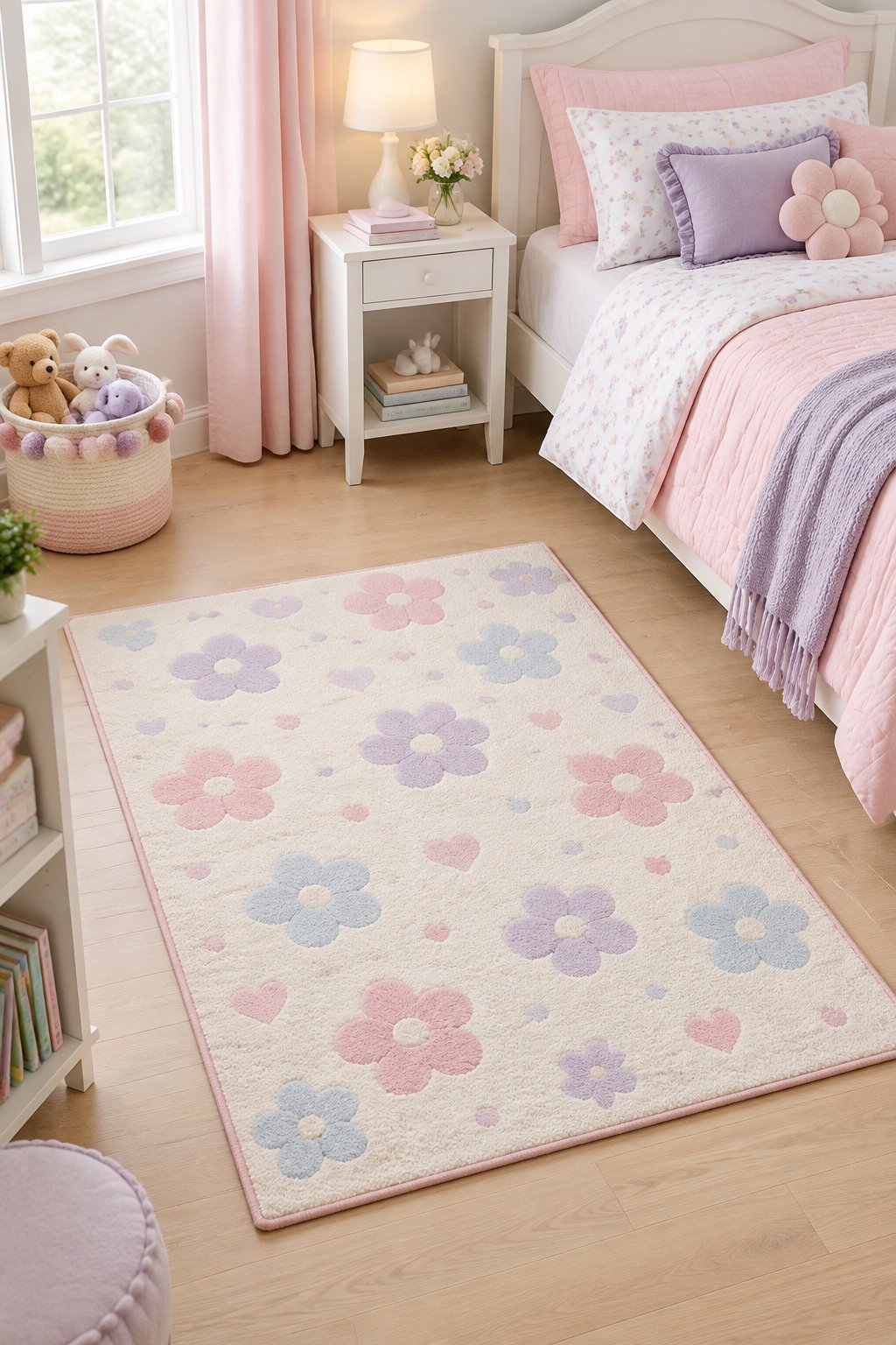 A pastel patterned rug lies on the floor of a girl’s bedroom beside a bed.
