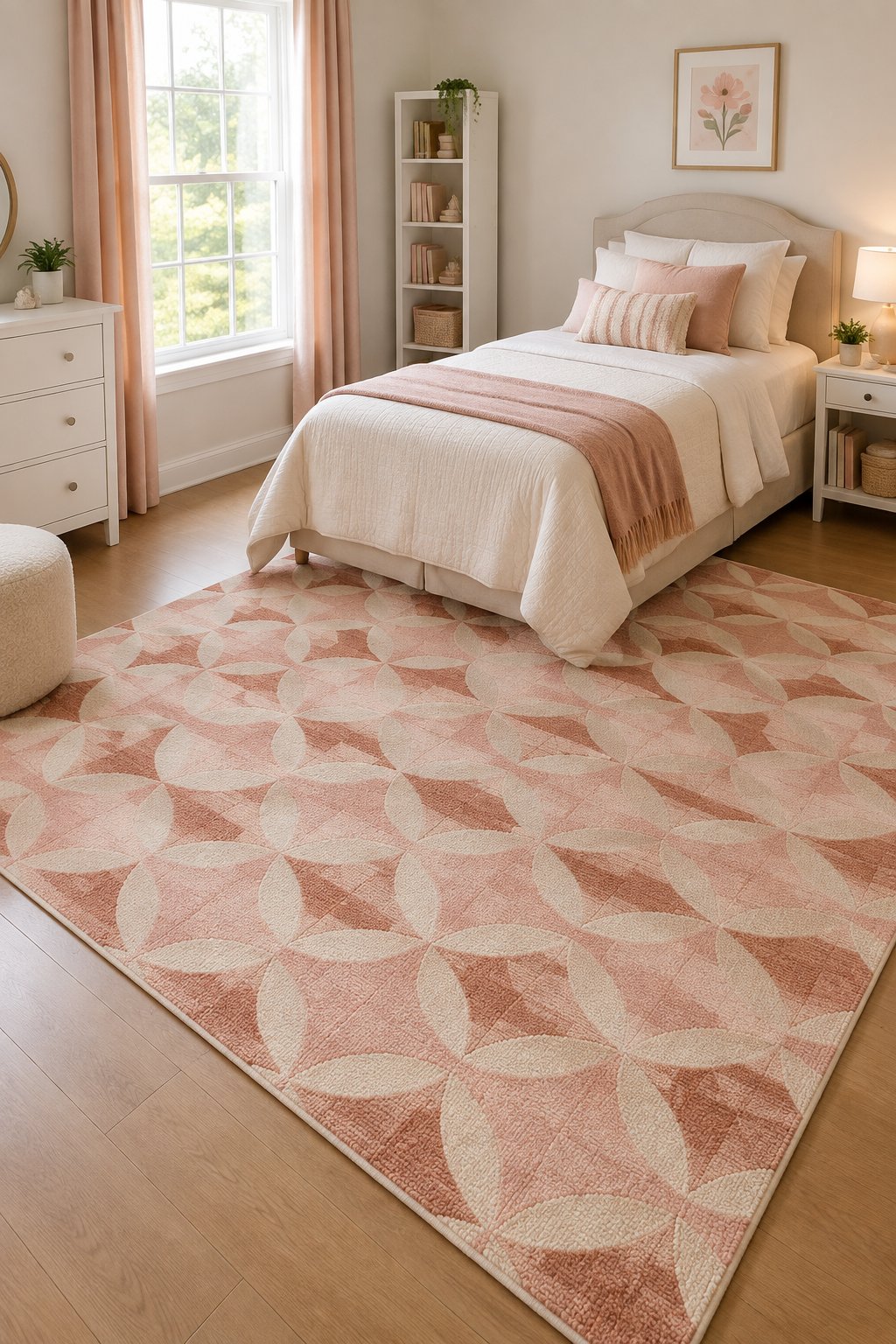A bedroom with a geometric rug on the floor.