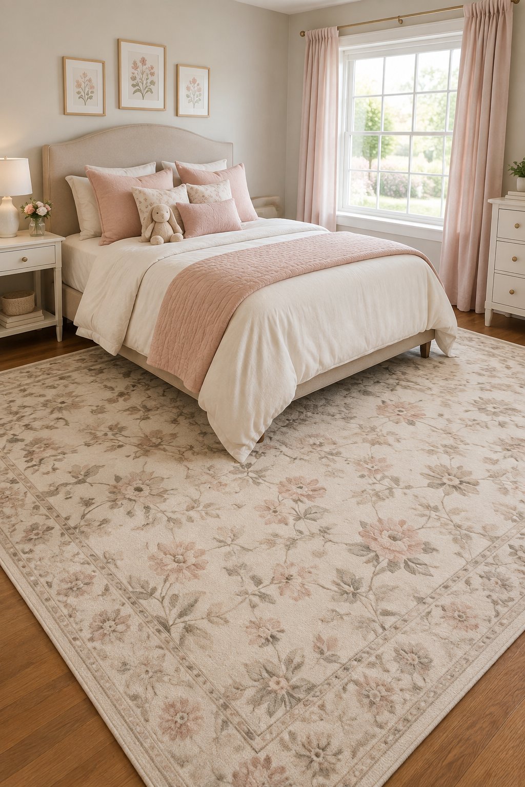 A neutral floral rug lies beneath a bed in a girl’s bedroom.