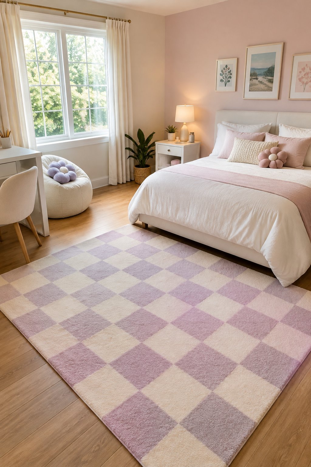 A teenage girl's bedroom with a checkered rug beside a neatly made bed.