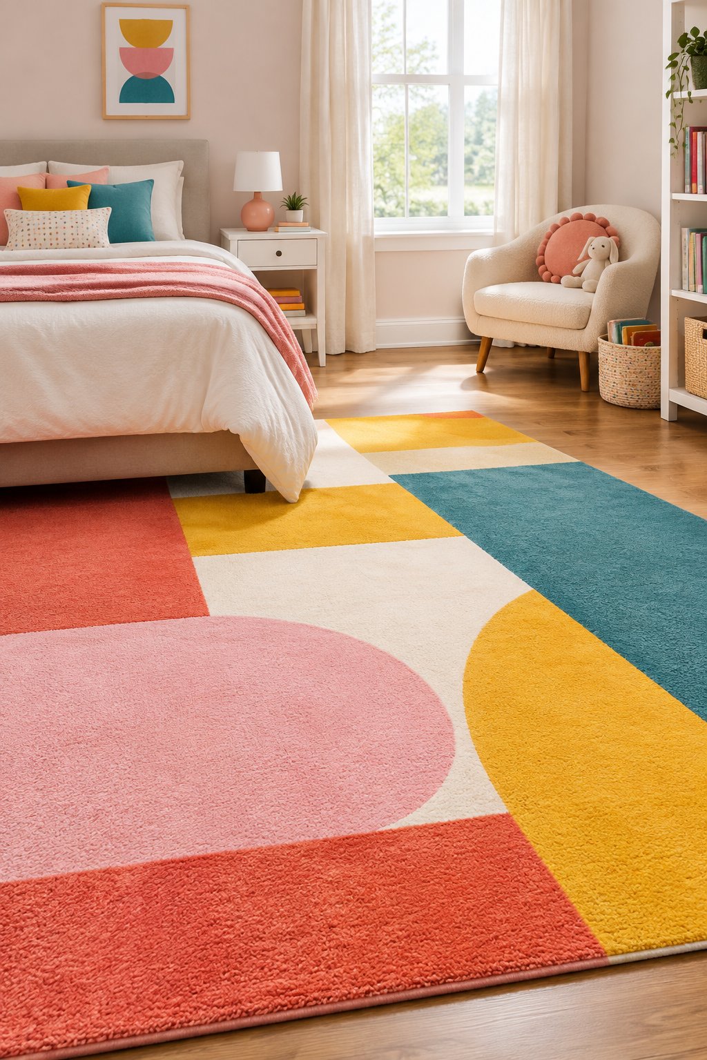 A colorful geometric rug lies in the center of a girl’s bedroom.