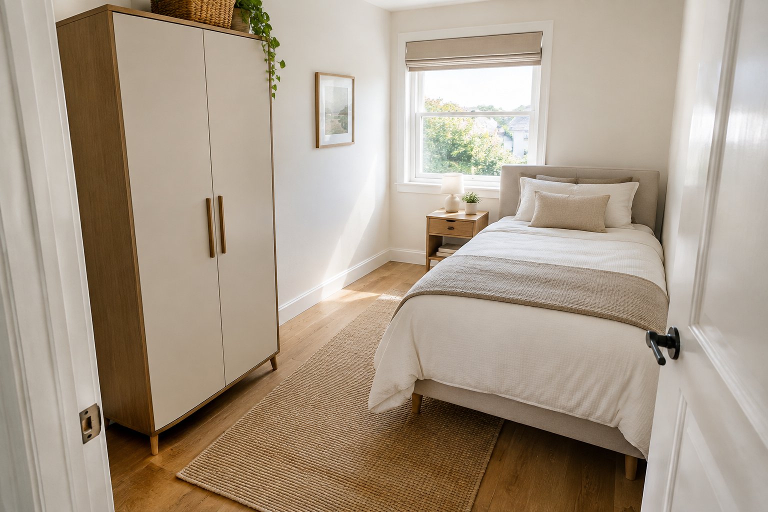 A compact bedroom with a wardrobe placed beside the bed while leaving a clear walking path.