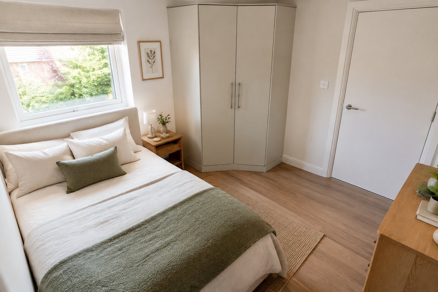 A wardrobe is placed neatly in the corner of a small bedroom beside a compact bed.