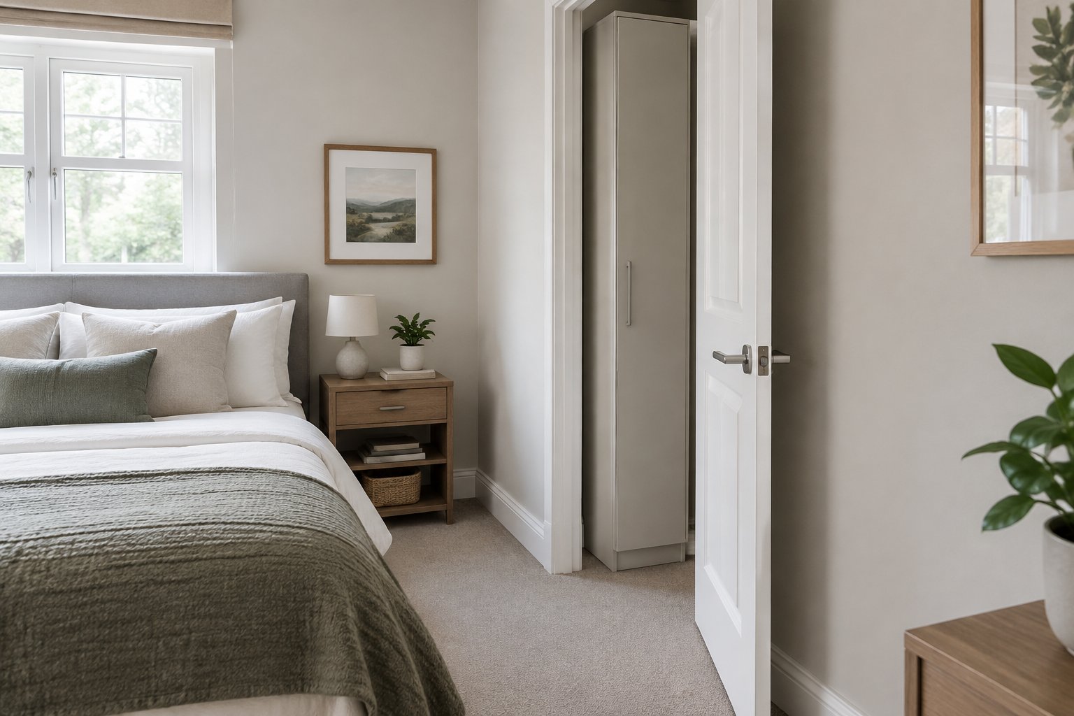 A slim wardrobe is tucked behind an open door in a small bedroom.
