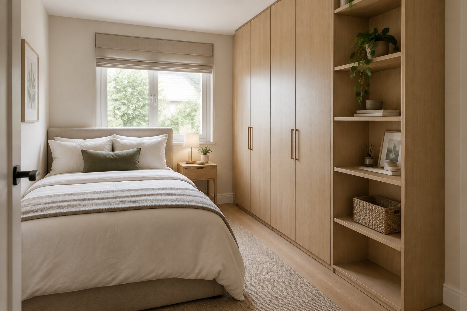 A small bedroom with a wardrobe and open shelving beside the bed.
