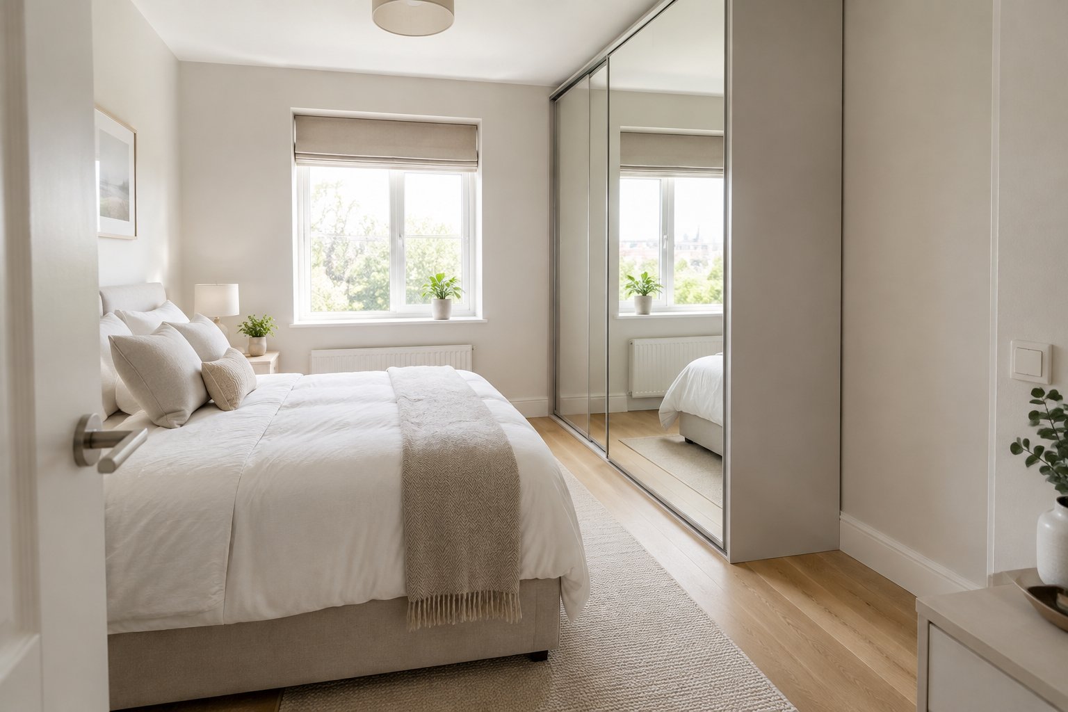 A mirrored-door wardrobe stands beside a neatly made bed in a small bedroom.