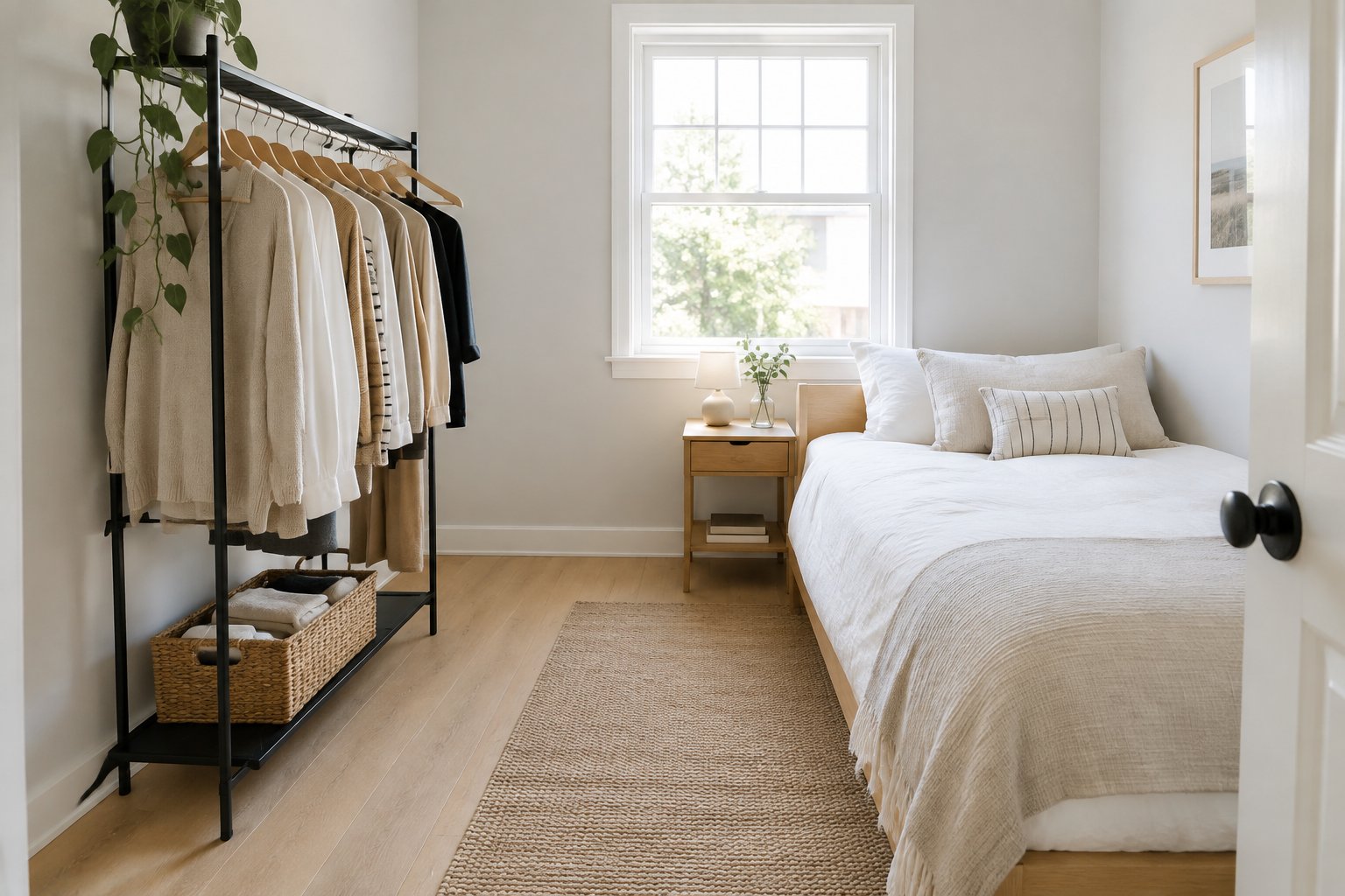 A small bedroom with a neatly organized open clothing rack beside the bed.
