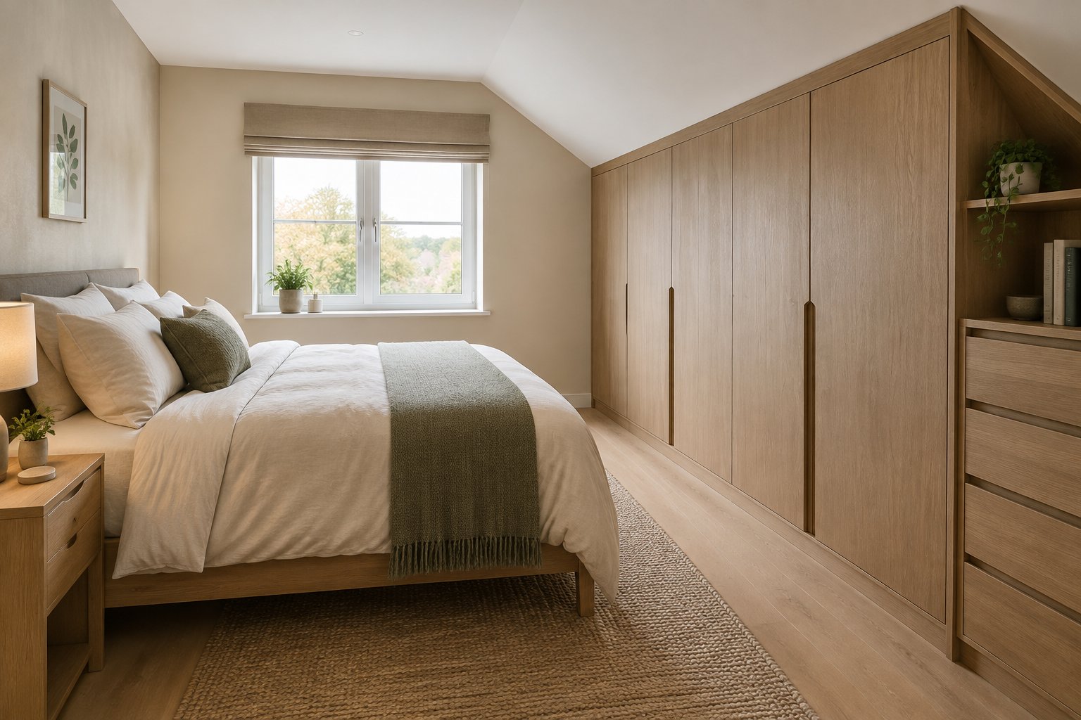A compact bedroom with a wardrobe fitted beneath a sloped ceiling.