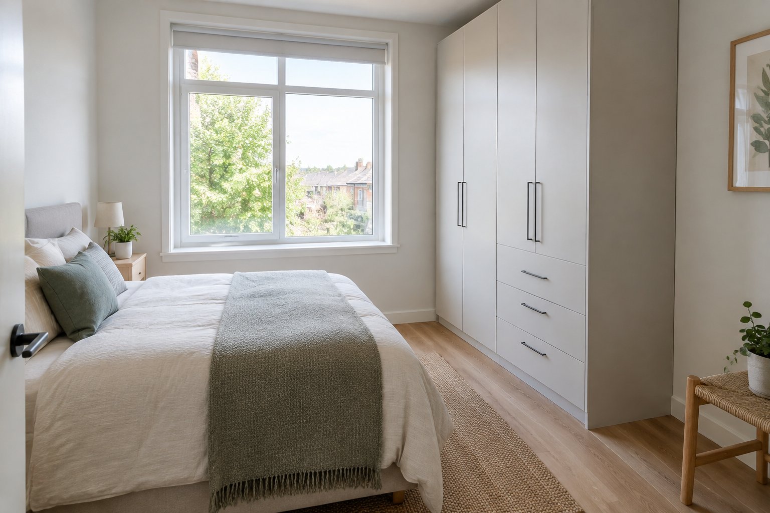 A wardrobe stands beside an unobstructed window in a small bedroom.