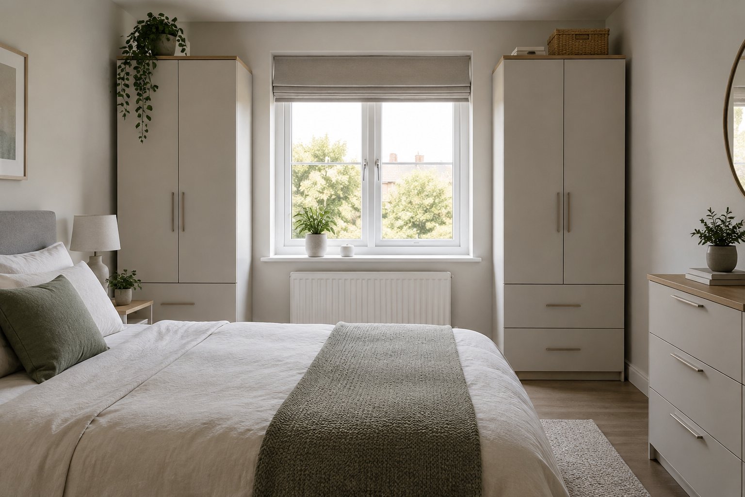 Two compact wardrobes stand on either side of a window in a small bedroom.