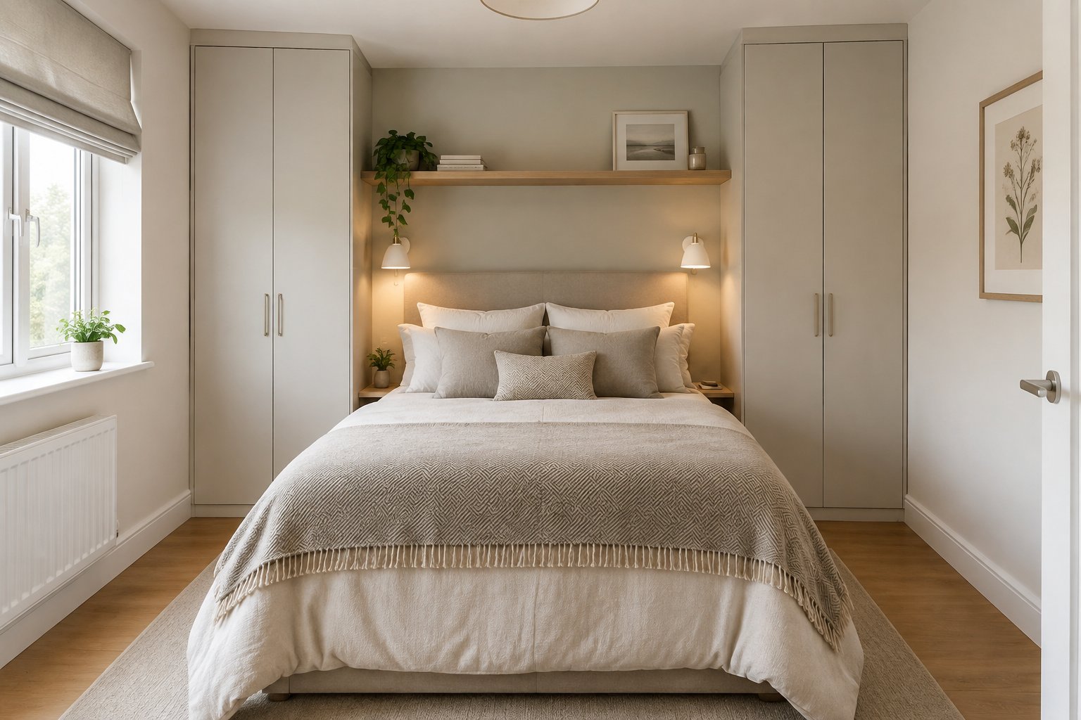 A bed sits between two tall wardrobes in a small bedroom.