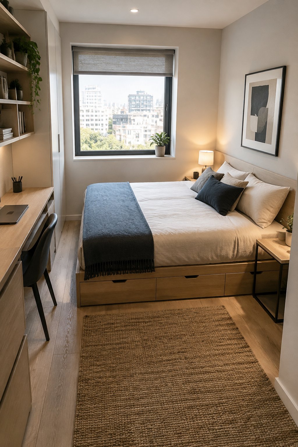 A compact bedroom with a neatly made bed, a desk, bedside lamp, and plant.