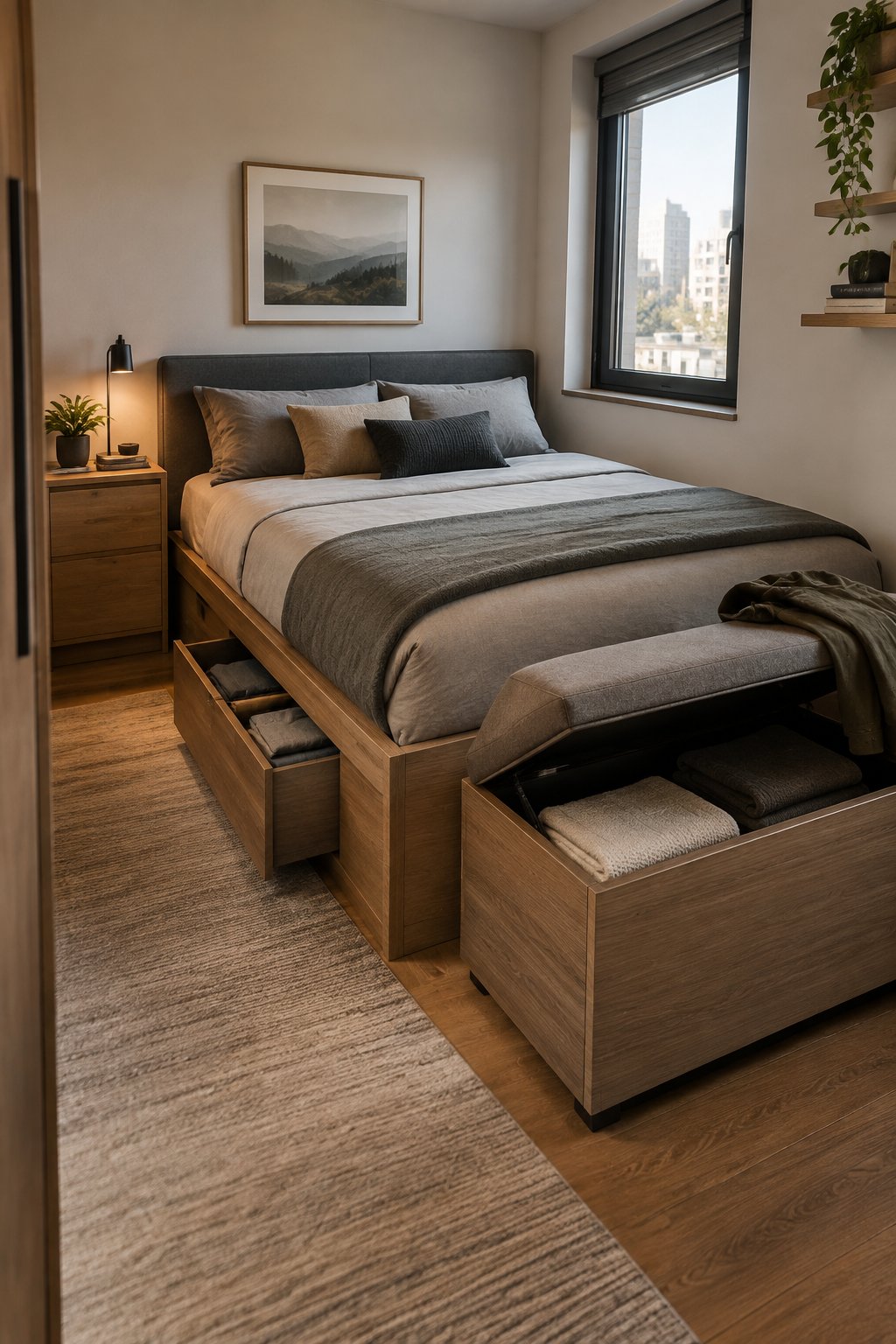 A compact bedroom with a bed, storage bench, and bedside furniture containing concealed storage.