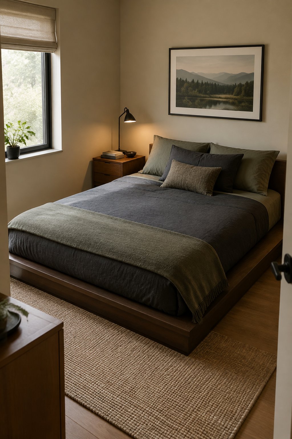 A low platform bed in a small bedroom.