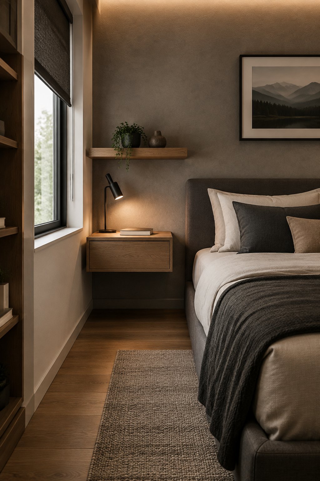 A compact bedroom with a floating wooden nightstand and wall-mounted shelf beside the bed.