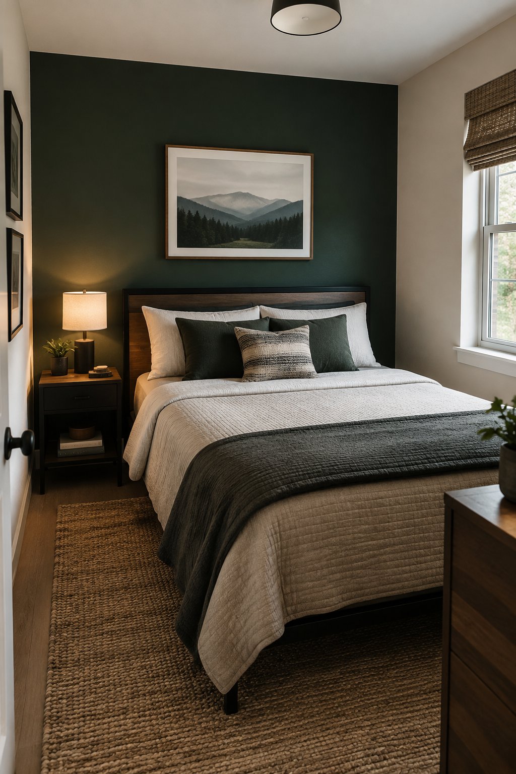 A neatly made bed sits against a deep green accent wall in a small bedroom.