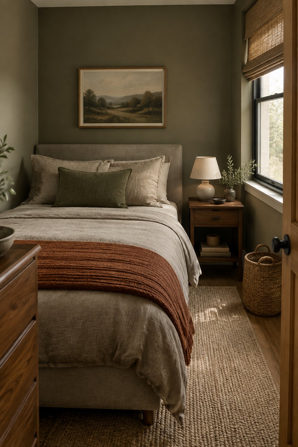 A compact bedroom with a neatly made bed, a wooden bedside table, and a small lamp.