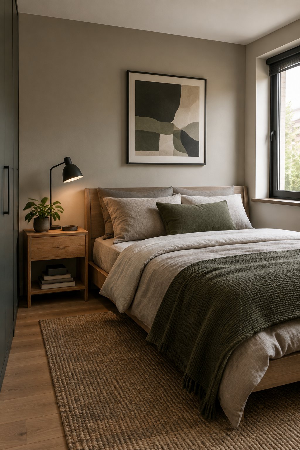 A small bedroom with a bed, wooden bedside table, dark lamp, and plant.