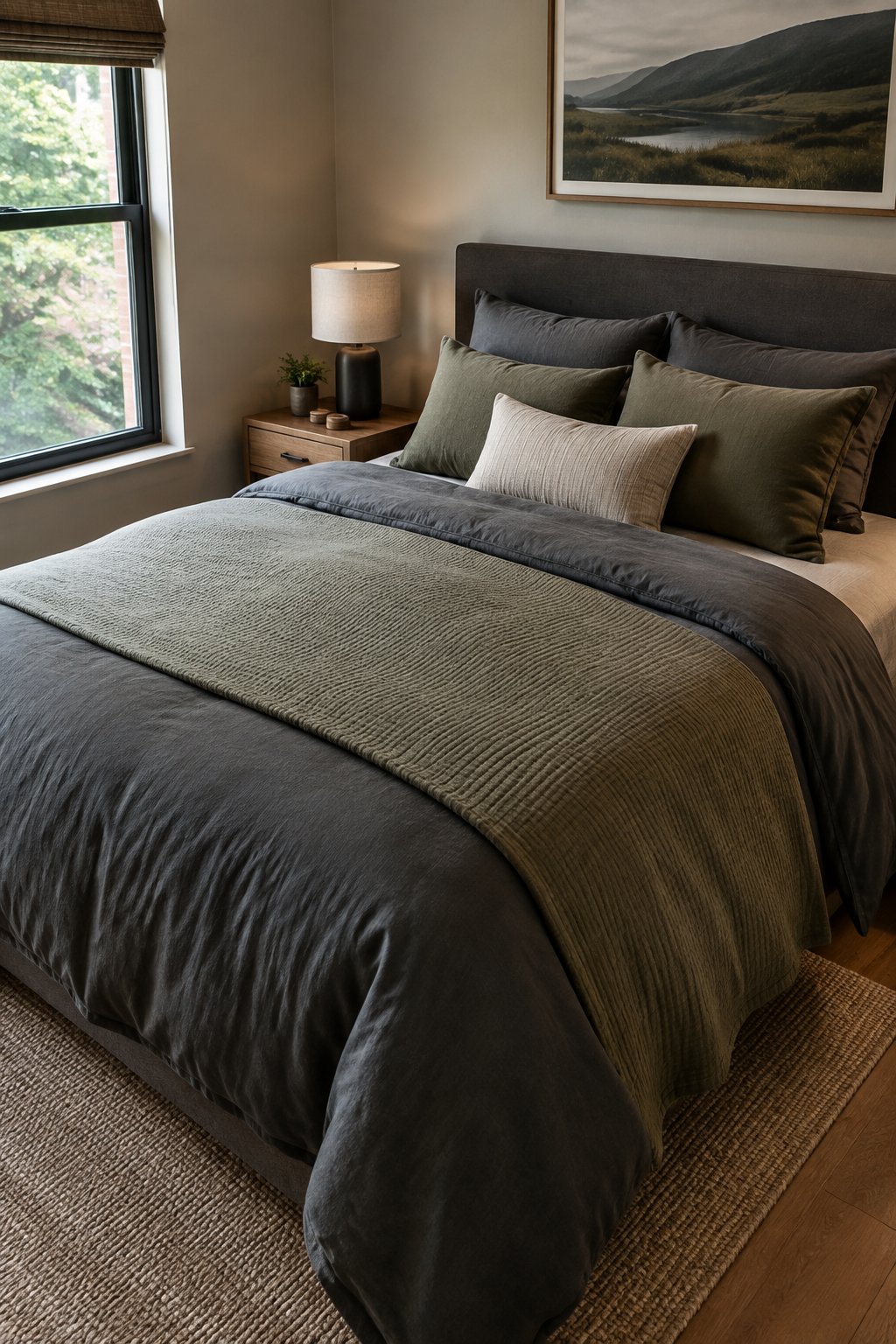 A neatly made bed with layered bedding in a compact bedroom.
