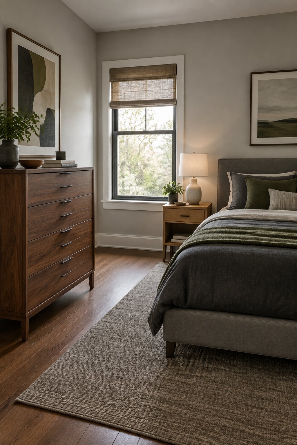 A freestanding wooden dresser beside a neatly made bed in a small bedroom.