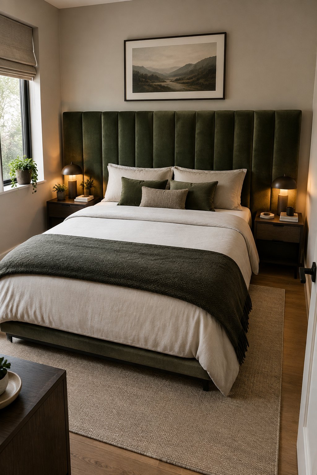 A compact bedroom with a bold upholstered headboard behind a neatly made bed.