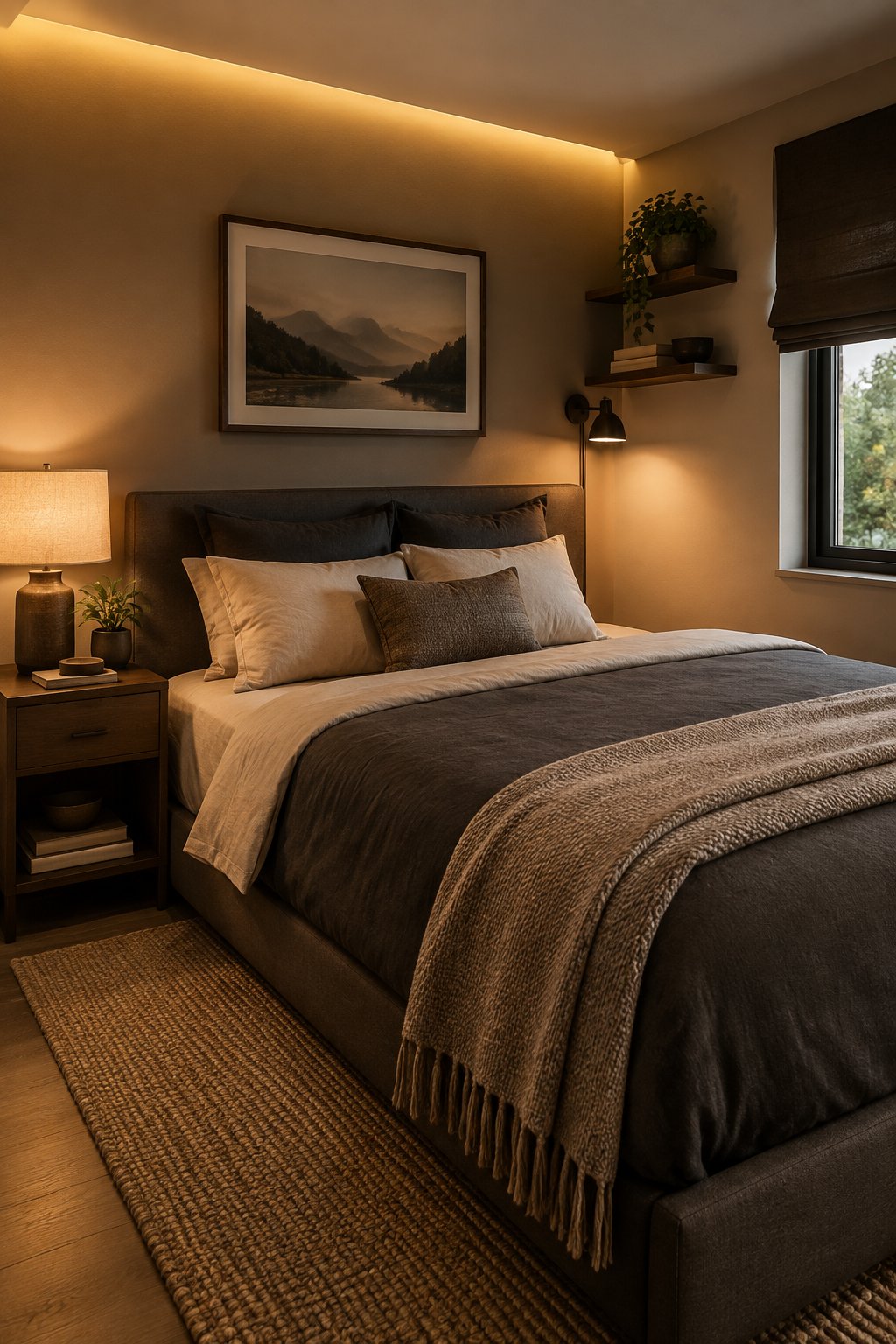 A compact bedroom with a neatly made bed, bedside lamp, and soft ambient lighting.