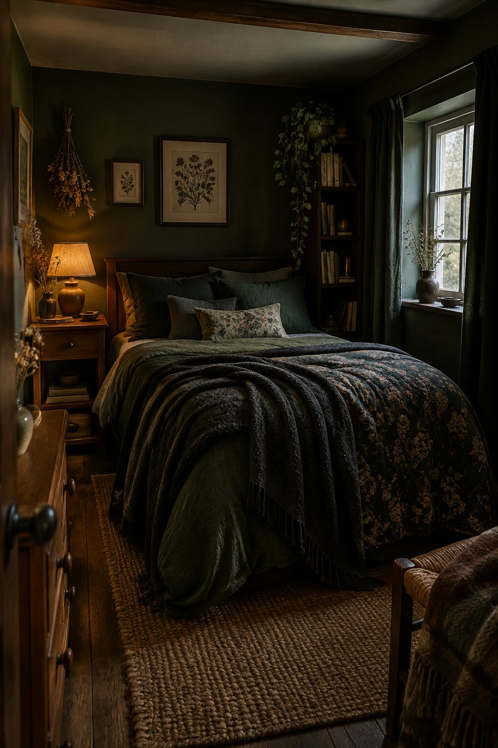 A small bedroom with a bed, wooden furniture, plants, and a bedside lamp.