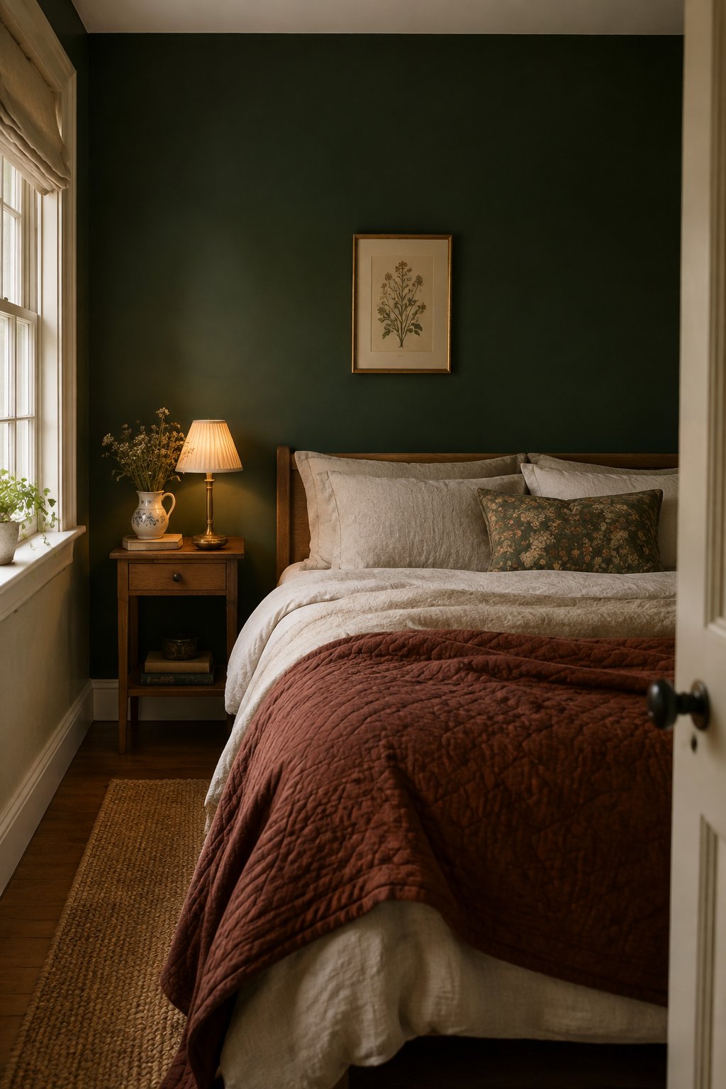 A small bedroom with a bed against a dark green wall.