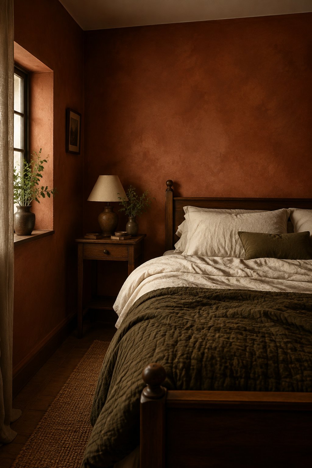 A small bedroom with a bed, bedside table, lamp, and plant.