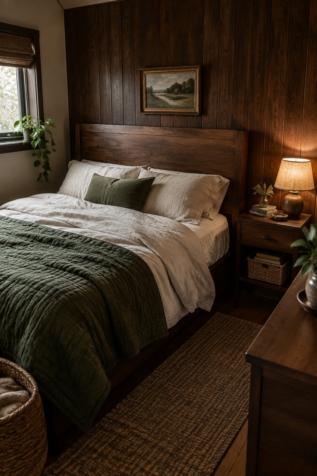 A small bedroom with a bed, dark wood paneling, and a bedside table.