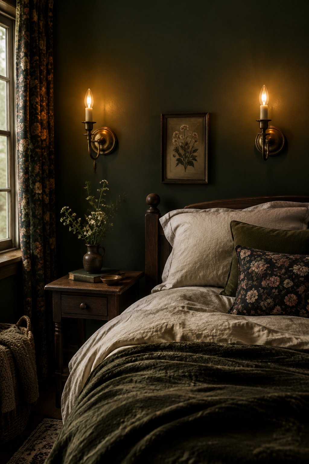 Two brass wall lights glow beside a bed.