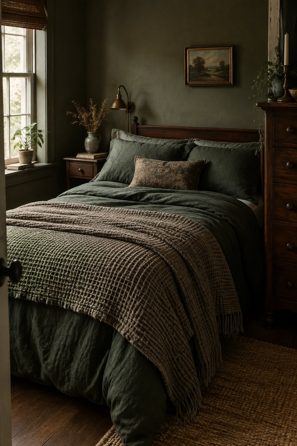 A small bedroom with dark bedding and a textured throw blanket.
