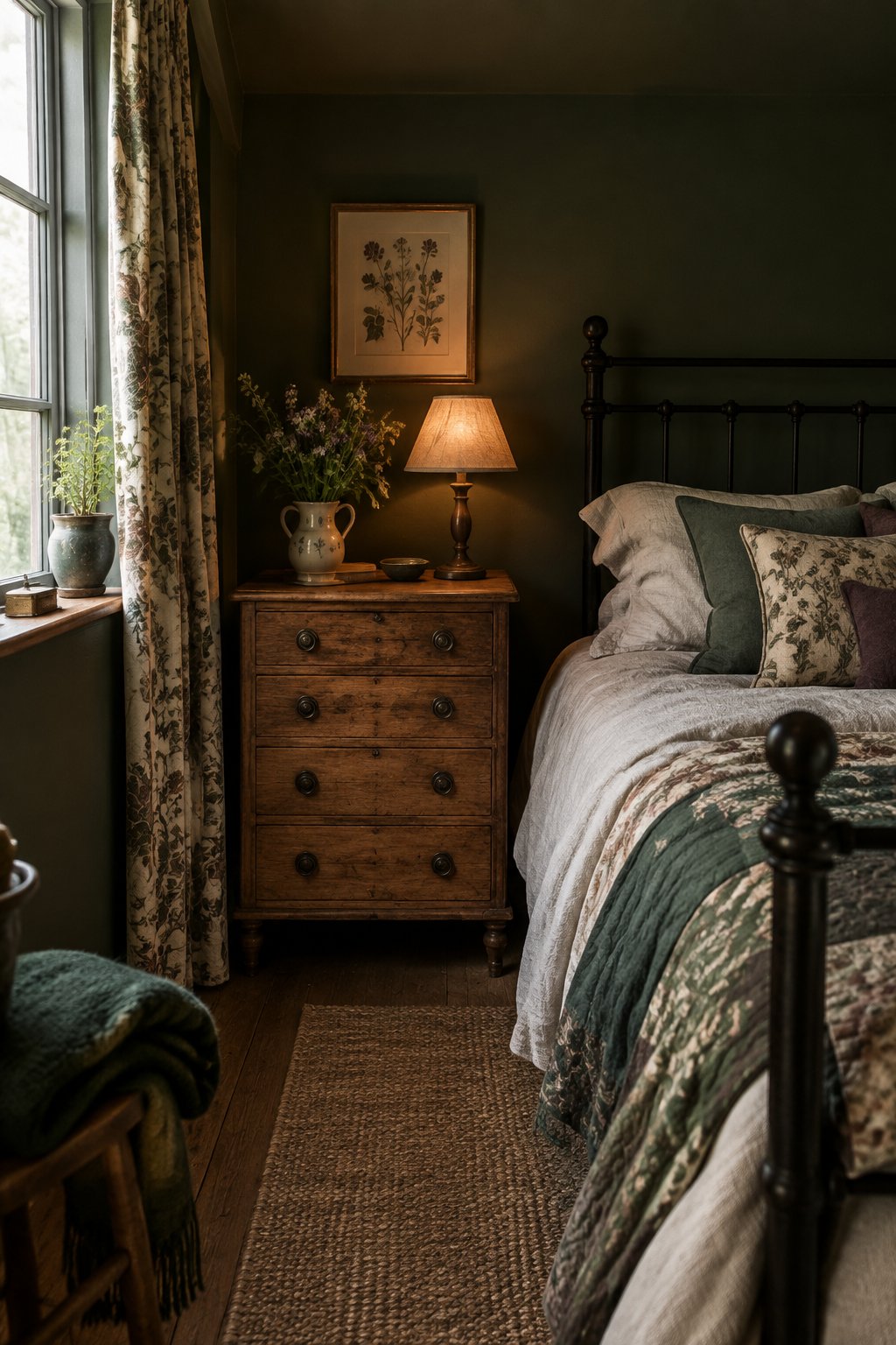 A small bedroom with a wooden bedside table, a bed, a lamp, and flowers.