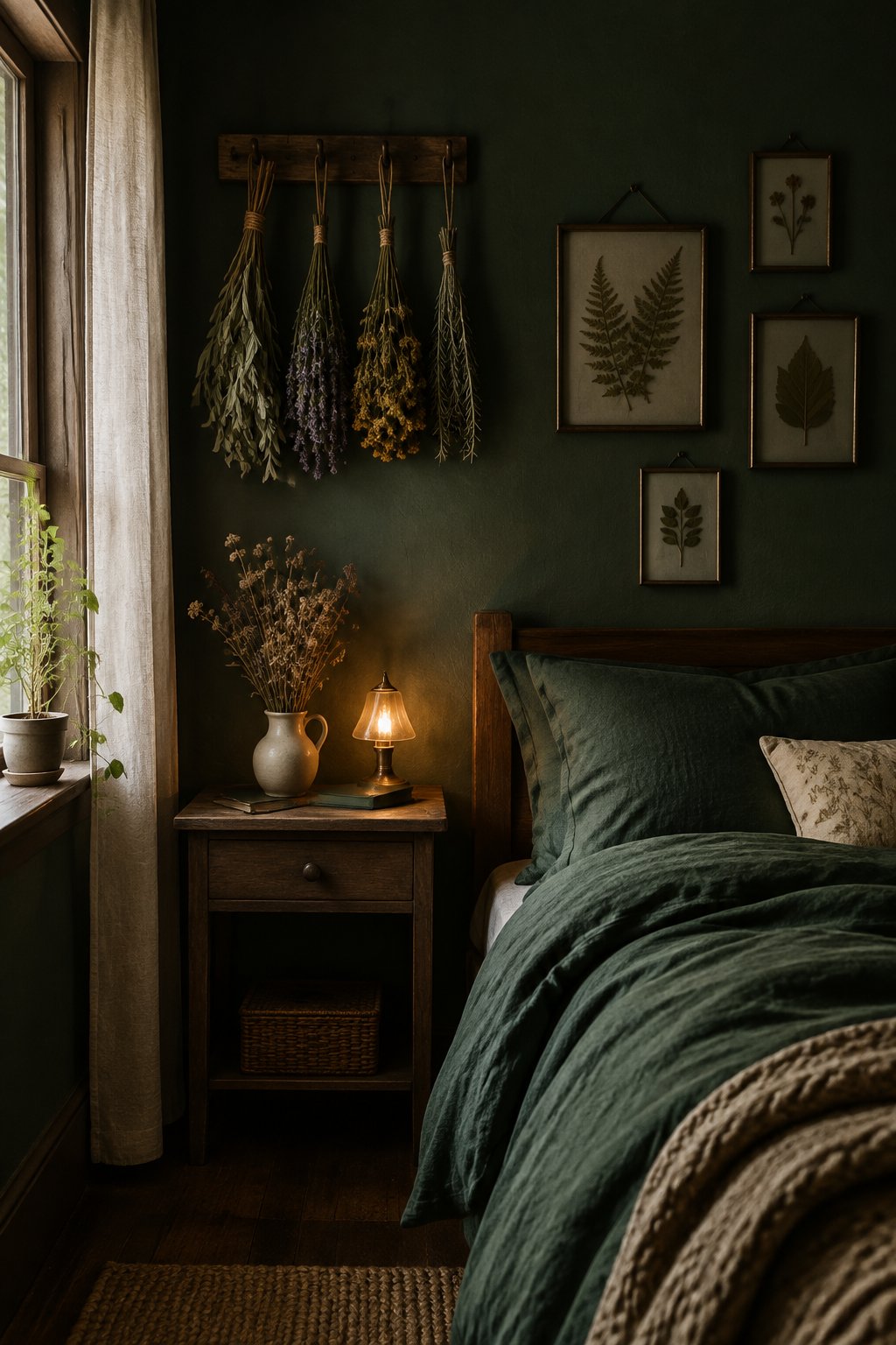 A small bedroom with dried herbs hanging above a bedside table and pressed leaves framed on the wall.