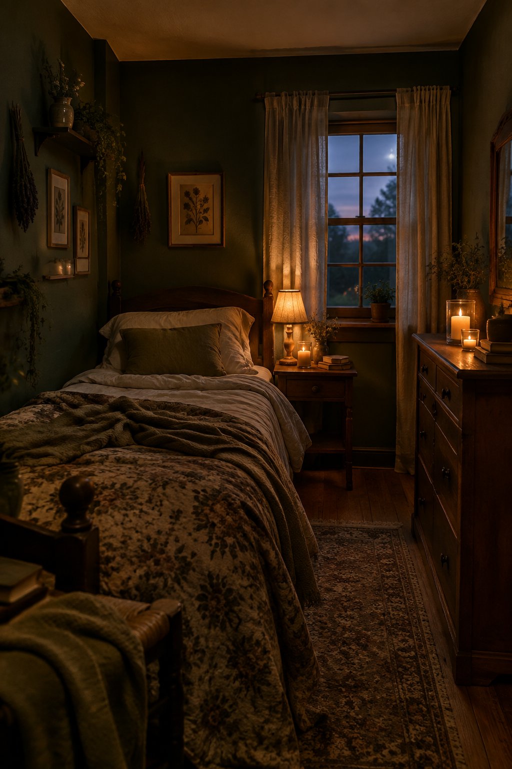 A small bedroom lit by candles and a bedside lamp.
