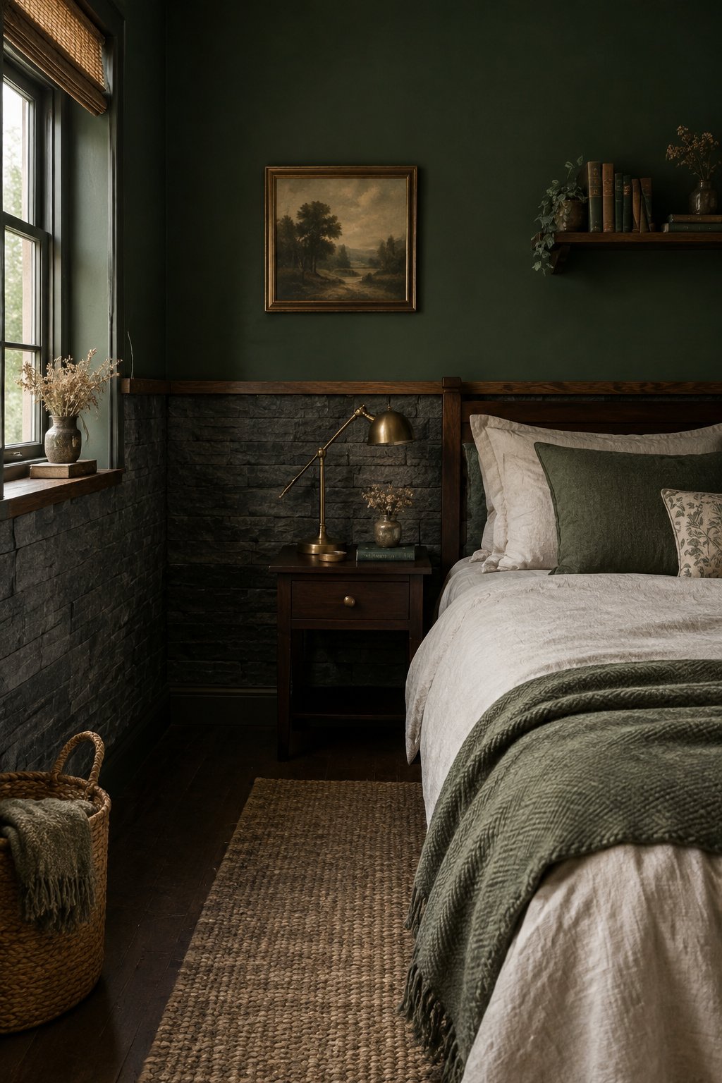 A small bedroom with a bed beside a wall finished in stone-look wainscoting.