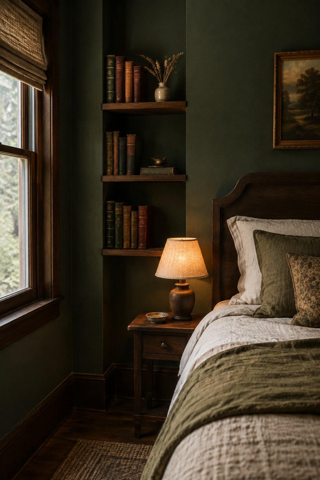 A small bookshelf beside a bed in a cozy bedroom.