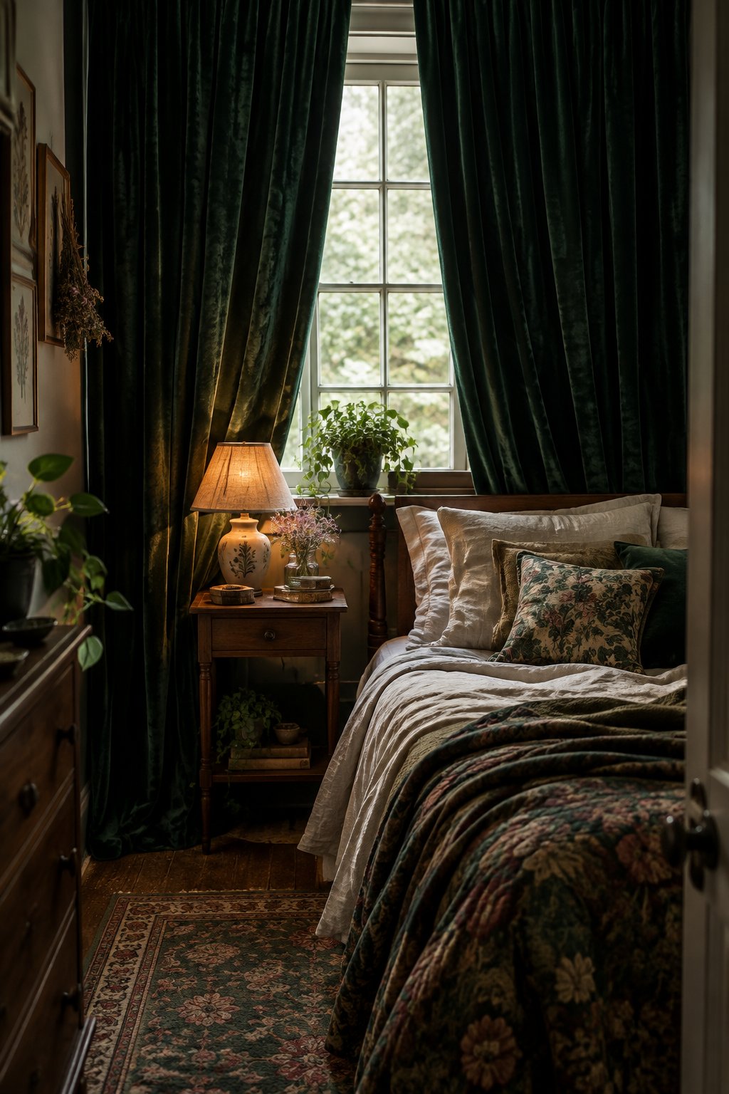 A small bedroom with a bed beside a window framed by heavy curtains.