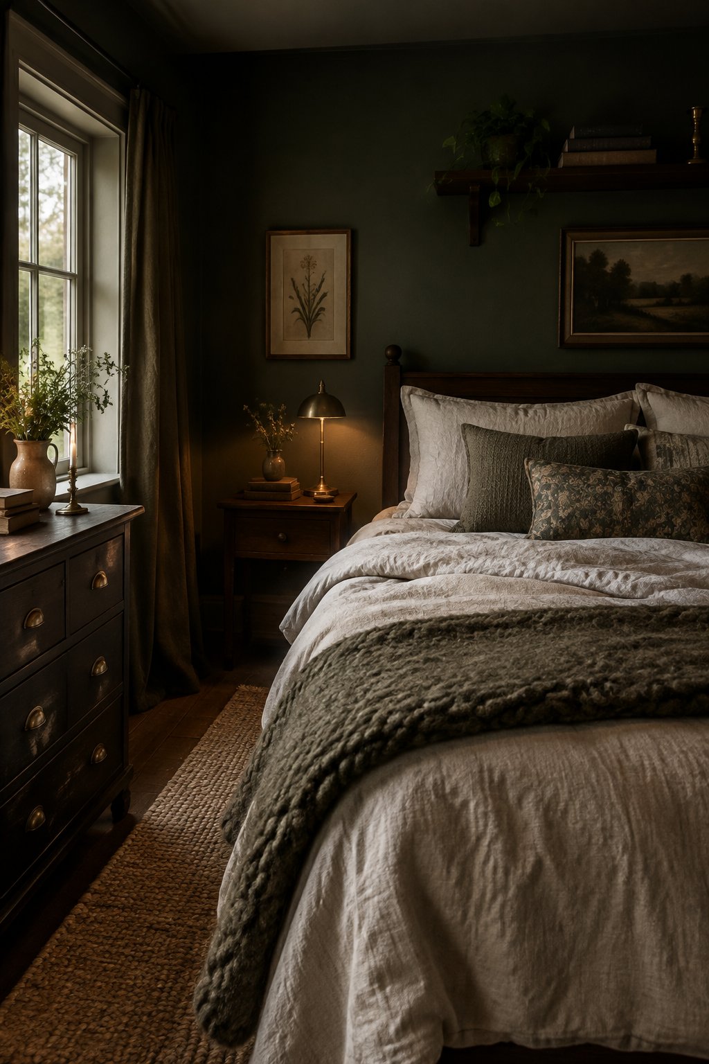 A small bedroom with a linen-covered bed, a wool blanket, and a brass bedside lamp.